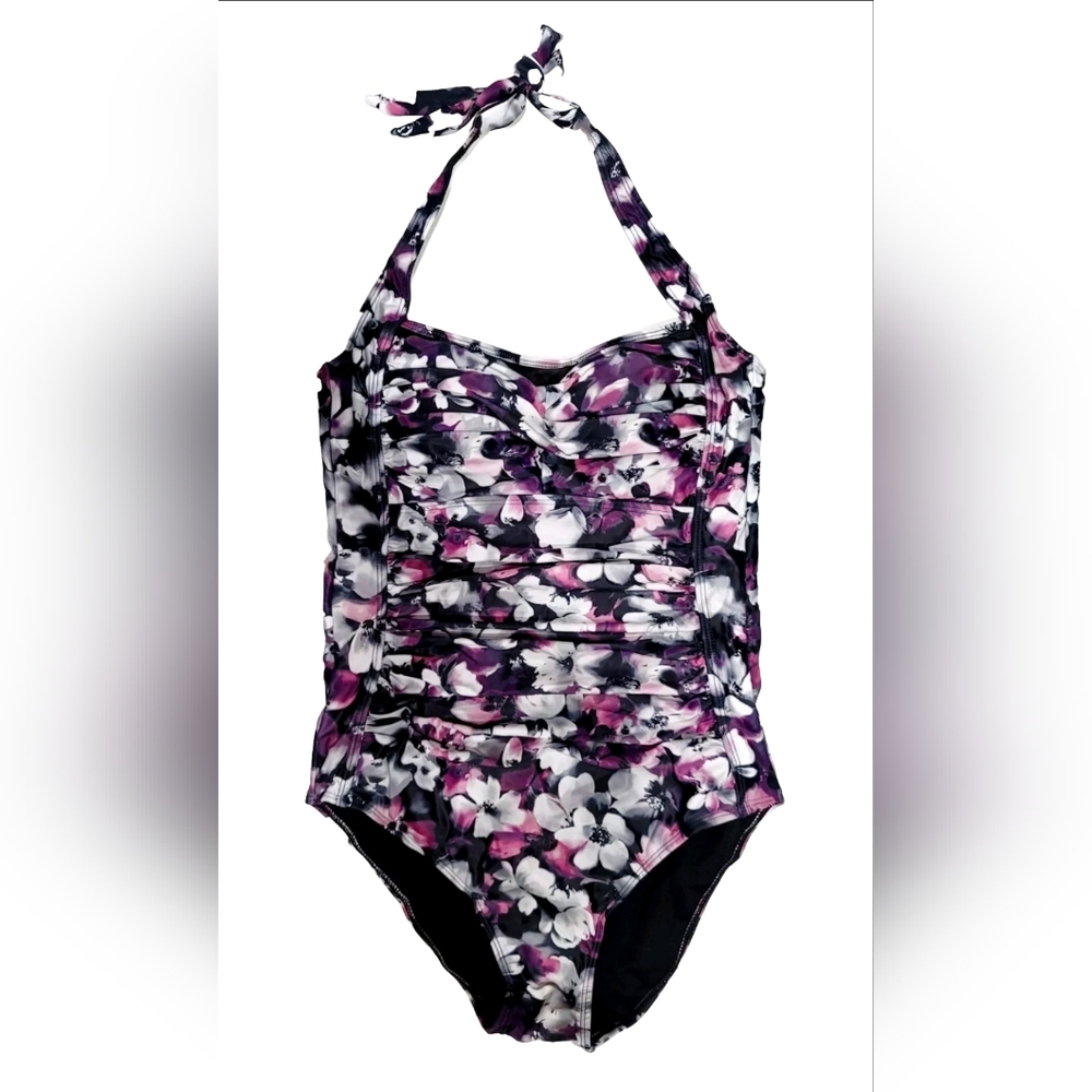 NWT Aqua Eve Women's Ruched Tummy Control Purple Floral Halter Slimming Swimsuit - Picture 6 of 13